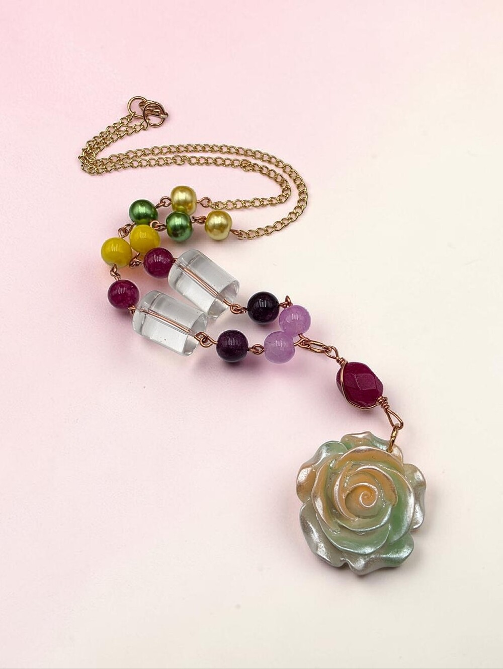 Multicolor Rose Pendant Beaded Necklace - Boho Jewelry